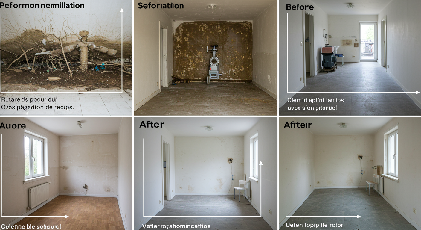 A visual representation of the mold remediation process, showing before-and-after images of a mold-infested area transformed into a clean space.