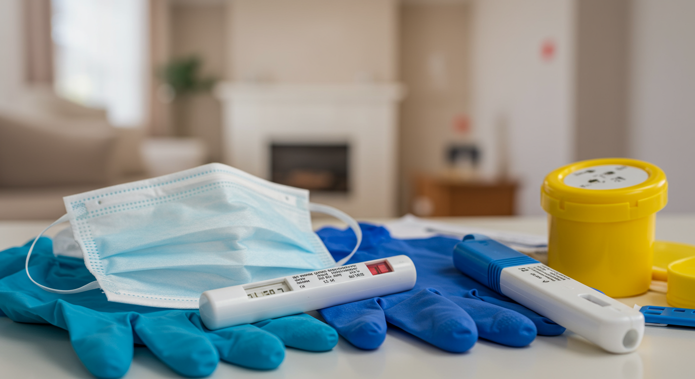 A close-up shot of safety equipment used during mold removal, including gloves, masks, and a mold testing kit. The background features a home environment, highlighting the importance of safety in the mold removal process.