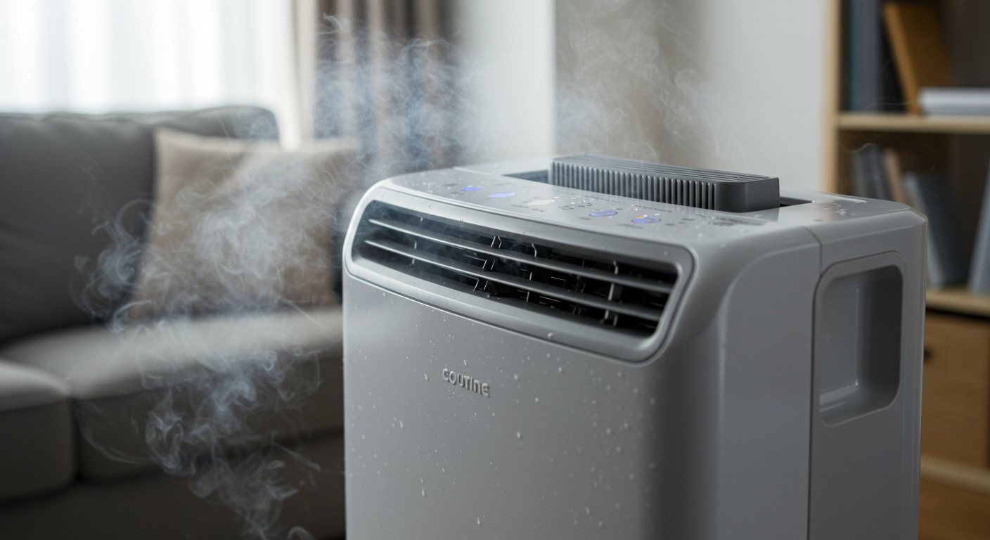 A close-up shot of a dehumidifier in a modern living room setting, with visible moisture in the air depicted through soft, diffused lighting.