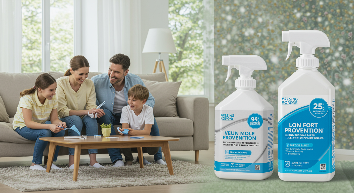 A serene living room setting with a family enjoying their time together, emphasizing a clean and mold-free environment, with a subtle hint of mold prevention products in the background.