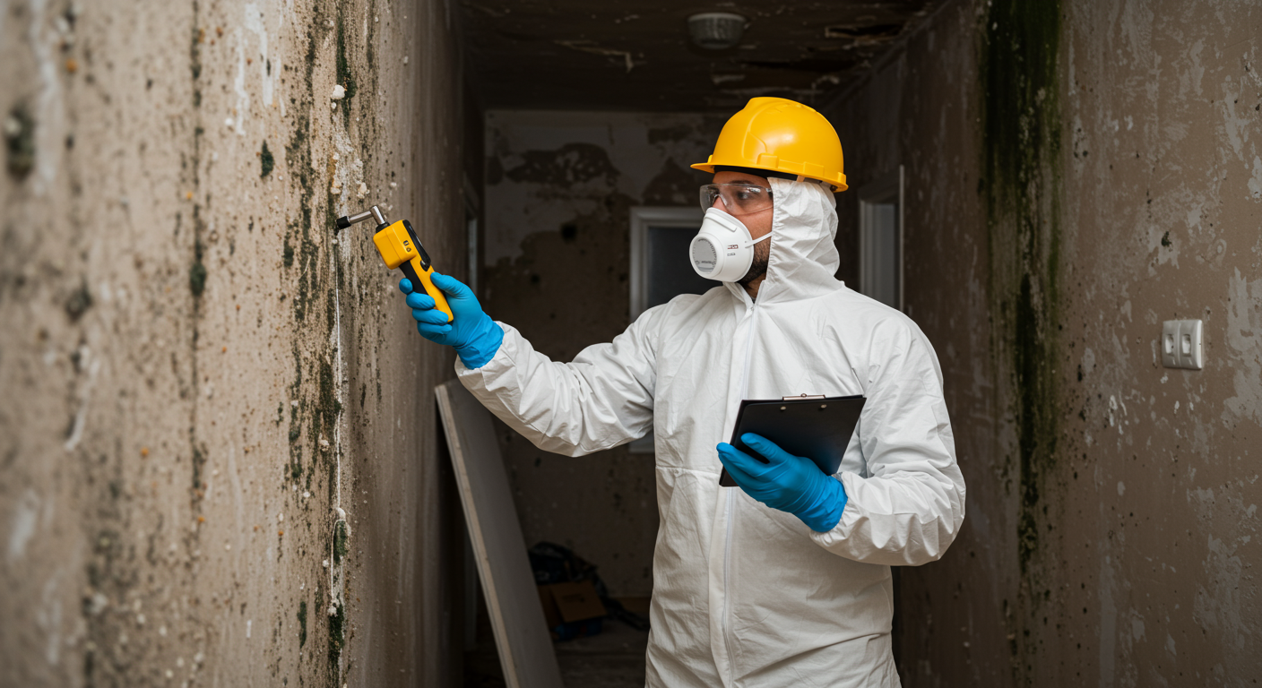 A professional mold inspector examining a wall with visible mold growth, using a moisture meter and wearing protective gear.