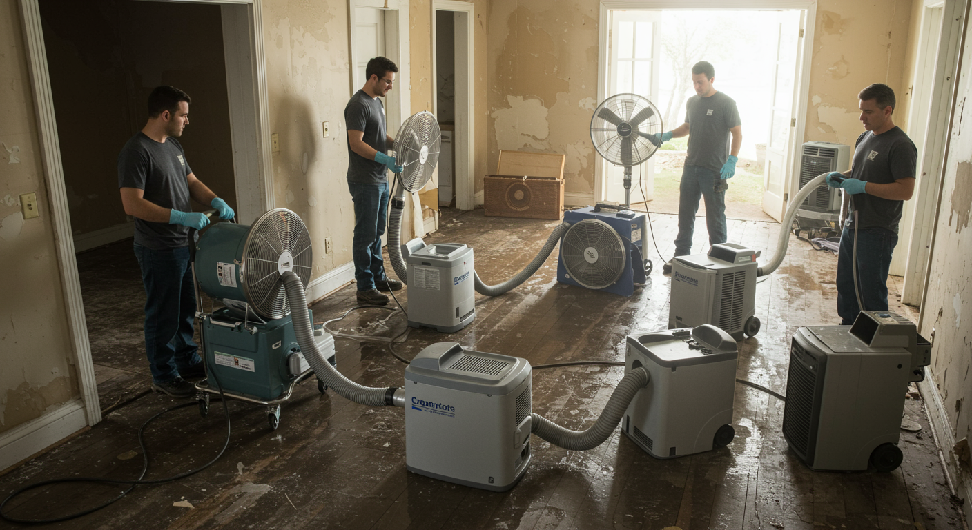 A team of restoration professionals working together to dry out a water-damaged room using industrial fans and dehumidifiers.