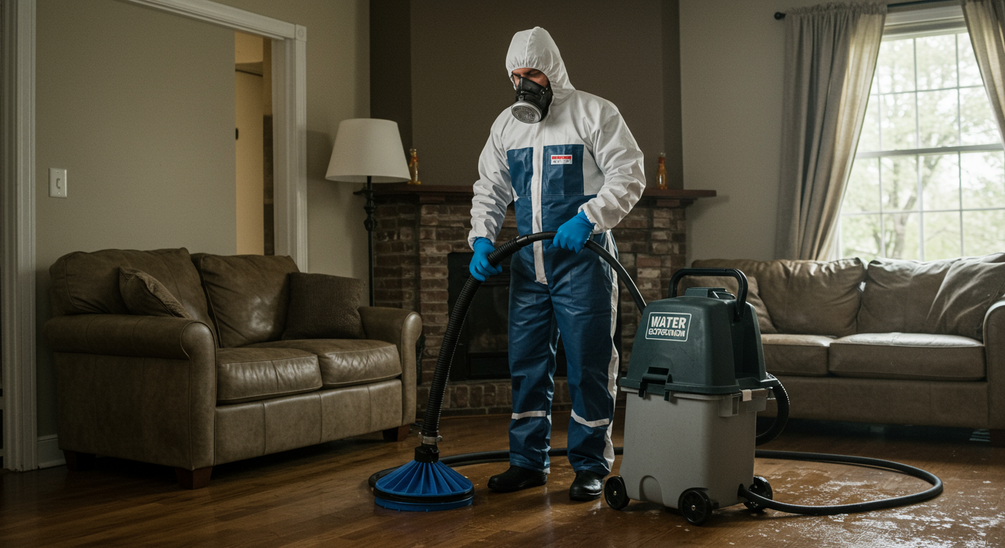 A professional water restoration technician in protective gear is using a water extraction machine in a flooded living room. The focus is on the technician's determined expression as they work to restore the home.