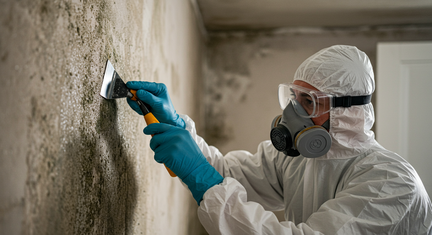 A professional restoration technician in protective gear actively working to remove mold from a wall, showcasing the restoration process.