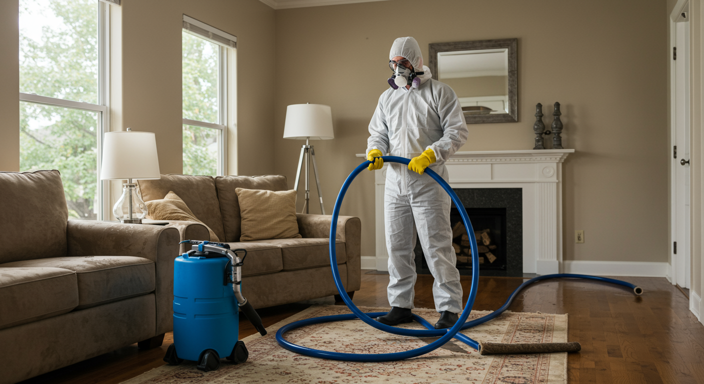 A professional technician in protective gear is seen using specialized equipment to extract water from a flooded living room. The scene captures the urgency of the restoration process, showcasing water extraction tools and wet carpets.